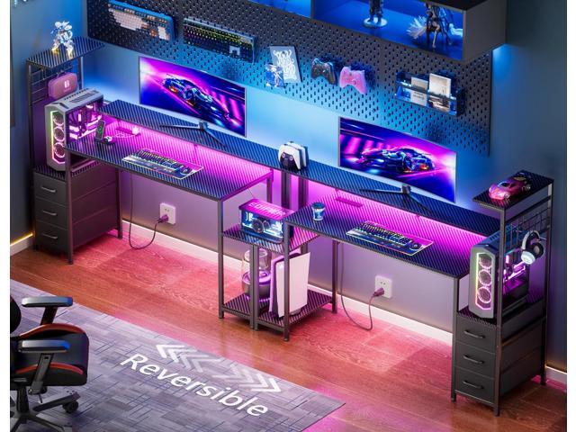 55 Inch Gaming Desk with Bluetooth LED Lights & Power Outlets,Computer Desk with Fabric Drawers & Hooks,Reversible Gamer Table with Monitor Stand...