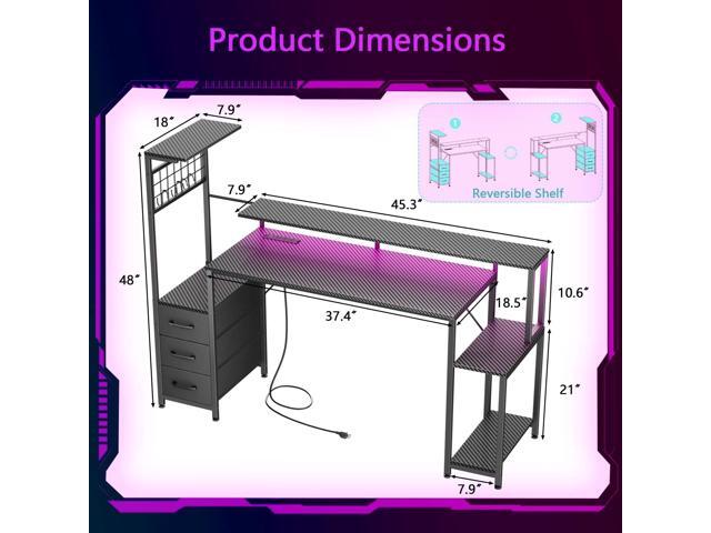 55 Inch Gaming Desk with Bluetooth LED Lights & Power Outlets,Computer Desk with Fabric Drawers & Hooks,Reversible Gamer Table with Monitor Stand...