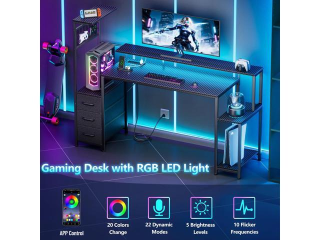 55 Inch Gaming Desk with Bluetooth LED Lights & Power Outlets,Computer Desk with Fabric Drawers & Hooks,Reversible Gamer Table with Monitor Stand...