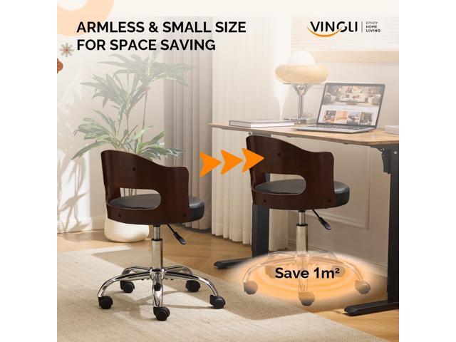 VINGLI Armless Home Office Desk Chair, Adjustable Swivel Chair,Dual-Use with/no Wheels,Small Retro Designed Walnut Curved Task Chair,Cushioned Nail...