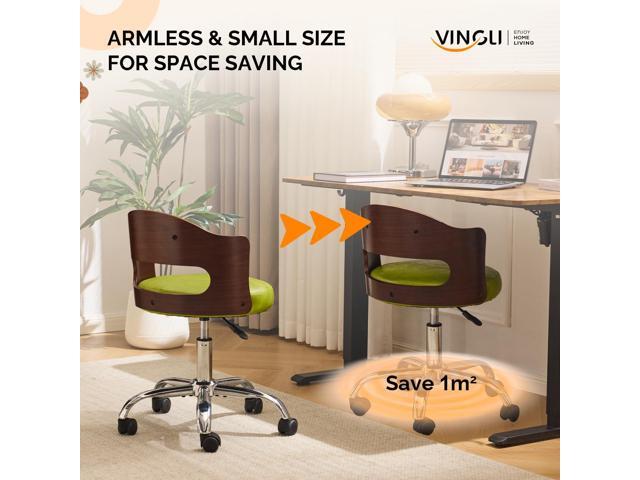 VINGLI Armless Home Office Desk Chair, Adjustable Swivel Chair,Dual-Use with/no Wheels,Small Retro Designed Walnut Curved Task Chair,Cushioned Nail...