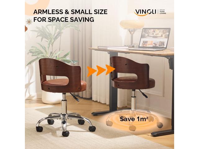 VINGLI Armless Home Office Desk Chair, Adjustable Swivel Chair,Dual-Use with/no Wheels,Small Retro Designed Walnut Curved Task Chair,Cushioned Nail...
