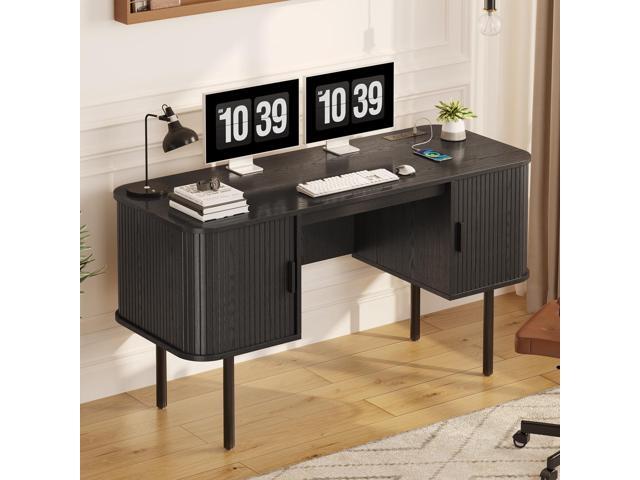 ONBRILL 55 Inch Fluted Computer Desk with Charging Station, Mid Century Executive Desk with 2 Storage Cabinets, Modern Home Office Large Desk with...