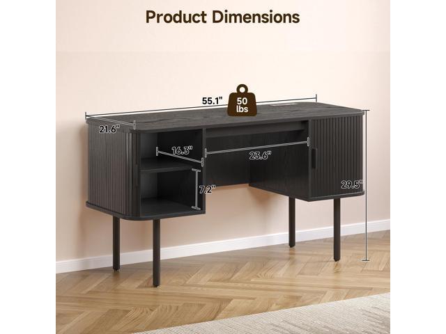 ONBRILL 55 Inch Fluted Computer Desk with Charging Station, Mid Century Executive Desk with 2 Storage Cabinets, Modern Home Office Large Desk with...