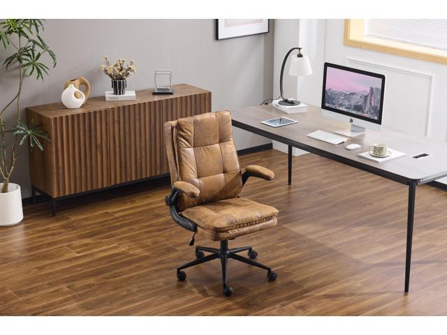 VINGLI Comfy Brown Leather Office Desk Chair,Ergonomic High-Back Computer Gaming Chair with Replaceable Wheels,Dual-Base,Adjustable...