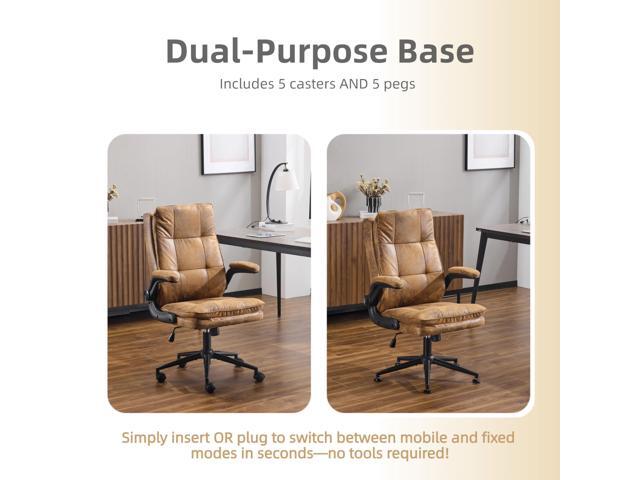 VINGLI Comfy Brown Leather Office Desk Chair,Ergonomic High-Back Computer Gaming Chair with Replaceable Wheels,Dual-Base,Adjustable...