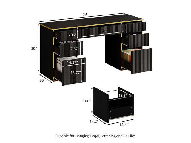 Black Computer Desk with Drawers, 58 Inch Home Office Desk with File Drawers for Bedroom, Executive Desk with Storage for Study, Black and Gold