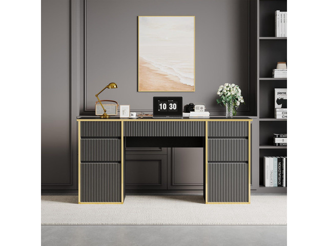 Black Computer Desk with Drawers, 58 Inch Home Office Desk with File Drawers for Bedroom, Executive Desk with Storage for Study, Black and Gold