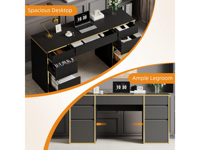Black Computer Desk with Drawers, 58 Inch Home Office Desk with File Drawers for Bedroom, Executive Desk with Storage for Study, Black and Gold