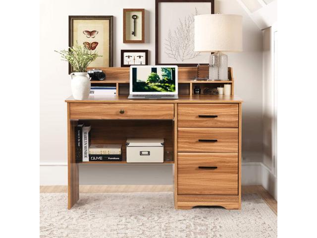 Catrimown Computer Desk with 4 Drawers and Hutch, Home Office Desk with File Drawer, 44 Rustic Oak Wood Desk, Study Table for Bedroom, Rustic Oak