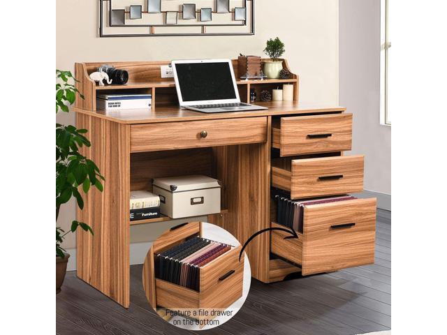 Catrimown Computer Desk with 4 Drawers and Hutch, Home Office Desk with File Drawer, 44 Rustic Oak Wood Desk, Study Table for Bedroom, Rustic Oak