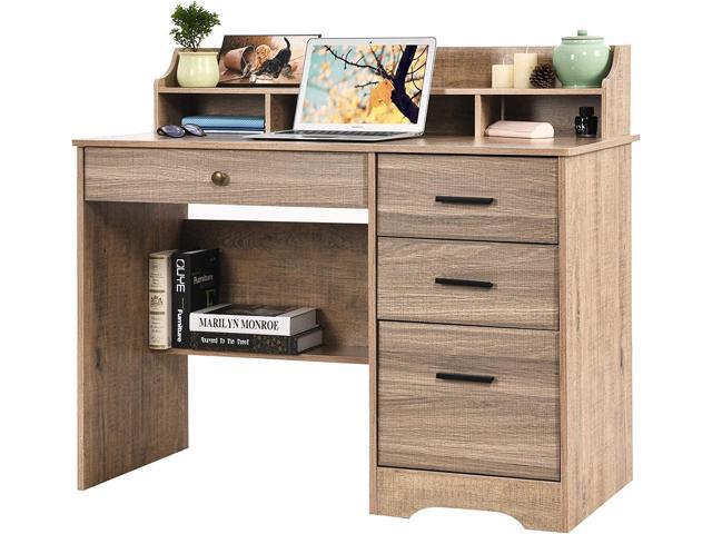 Catrimown Computer Desk with 4 Drawers and Hutch, Wood Executive Desks with File Drawer and Shelves, Small Desk Study Table for Bedroom, Student...