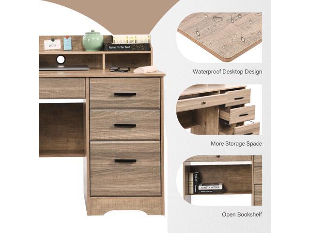 Catrimown Computer Desk with 4 Drawers and Hutch, Wood Executive Desks with File Drawer and Shelves, Small Desk Study Table for Bedroom, Student...
