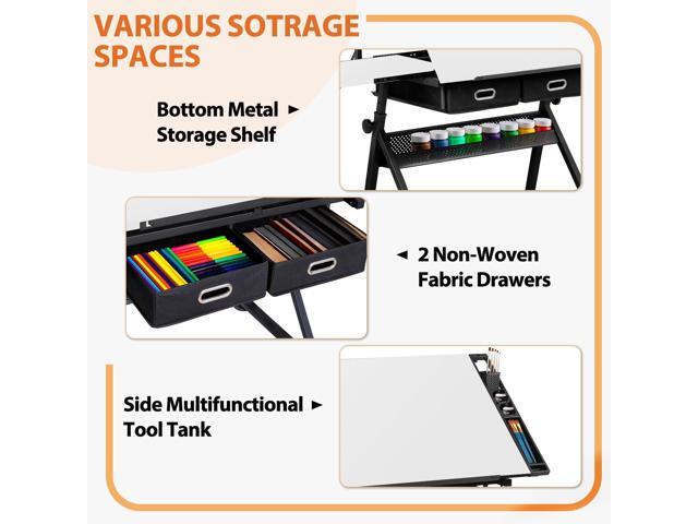 ZENY Adjustable Drafting Table with Stool, Tilting Drawing Desk Artist Table with Storage Drawers, Art Craft Workstation for Home Office Reading,...