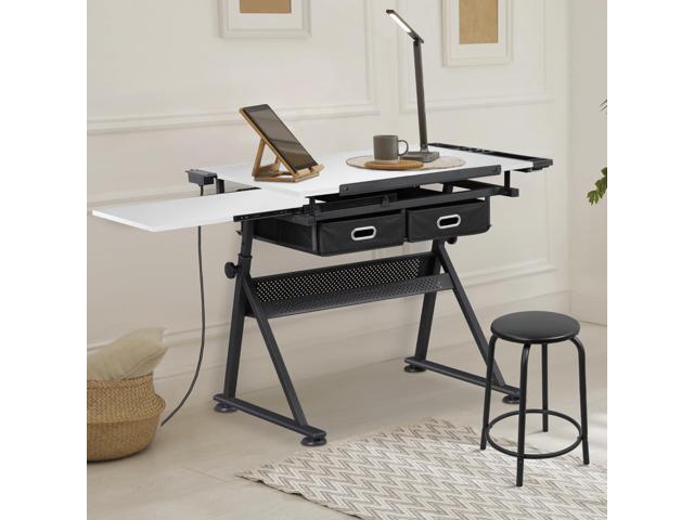 JupiterForce Drafting Table Art Desk w/Power Outlet and Stool, Adjustable Tilting Drawing Table Artist Desk with 2 Storage Drawers, Art Craft Work...