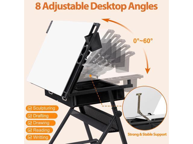 JupiterForce Drafting Table Art Desk w/Power Outlet and Stool, Adjustable Tilting Drawing Table Artist Desk with 2 Storage Drawers, Art Craft Work...