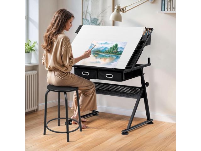 Drafting Table Drawing Desk w/Power Outlet, Art & Craft Work Station Height Adjustable Tilting Tabletop Craft Table Desk w/Stool and 2 Storage...
