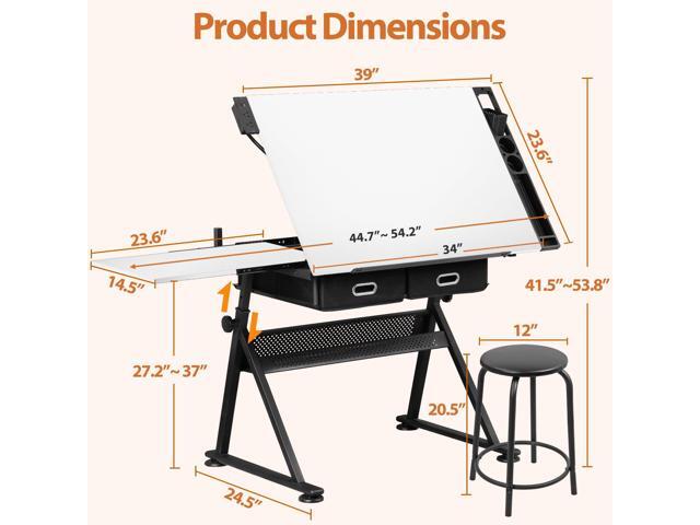 Drafting Table Drawing Desk w/Power Outlet, Art & Craft Work Station Height Adjustable Tilting Tabletop Craft Table Desk w/Stool and 2 Storage...
