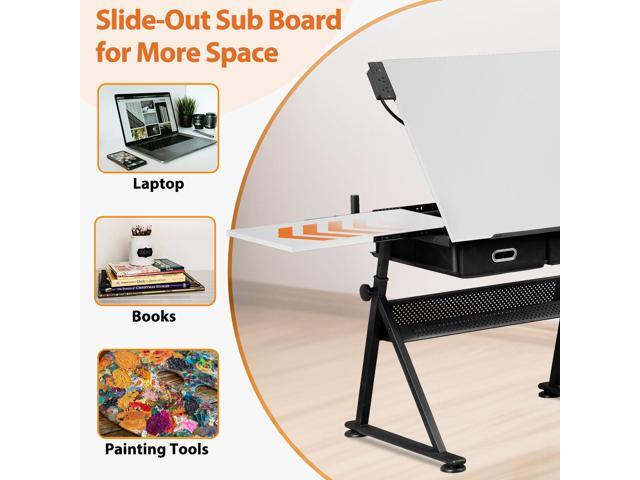 Drafting Table Drawing Desk w/Power Outlet, Art & Craft Work Station Height Adjustable Tilting Tabletop Craft Table Desk w/Stool and 2 Storage...