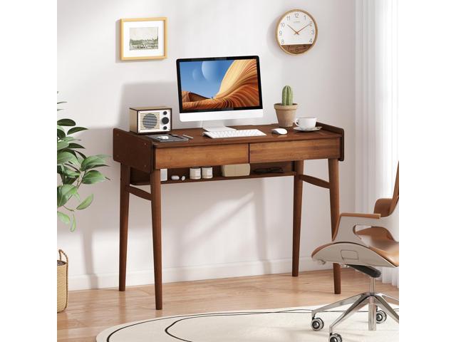 Giantex Mid Century Modern Desk, 39.5' Bamboo Computer Desk with 2 Drawers and Open Storage Shelf, Makeup Vanity Table, Wood Computer Workstation,...