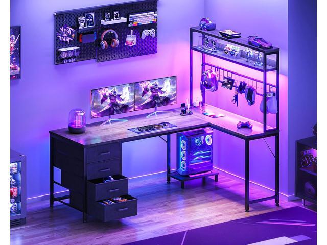 AODK L Shaped Gaming Desk with Hutch, 59' Computer Desk with 4 Drawers & Storage Shelves, Reversible Corner Desk with LED Light & Power Outlets,...