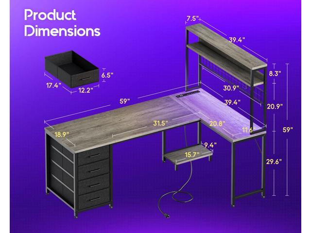 AODK L Shaped Gaming Desk with Hutch, 59' Computer Desk with 4 Drawers & Storage Shelves, Reversible Corner Desk with LED Light & Power Outlets,...