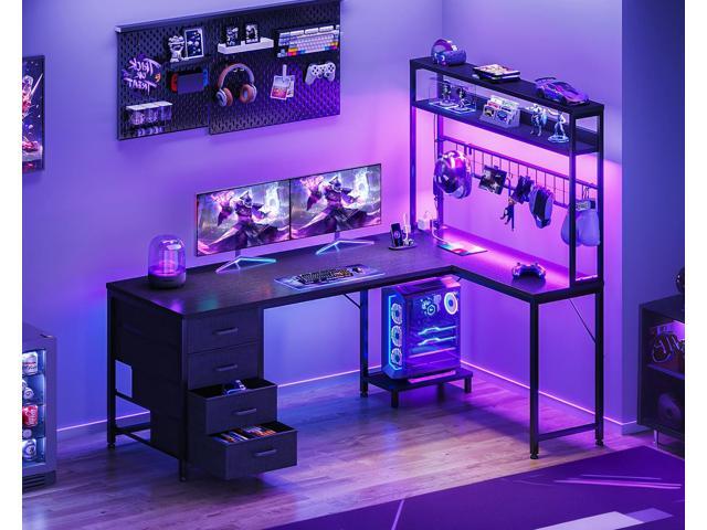 AODK L Shaped Gaming Desk with 4 Drawers, 59' Reversible Computer Desk with Hutch and Shelves, Gamer Desk with LED Lights, Power Outlets, Home...