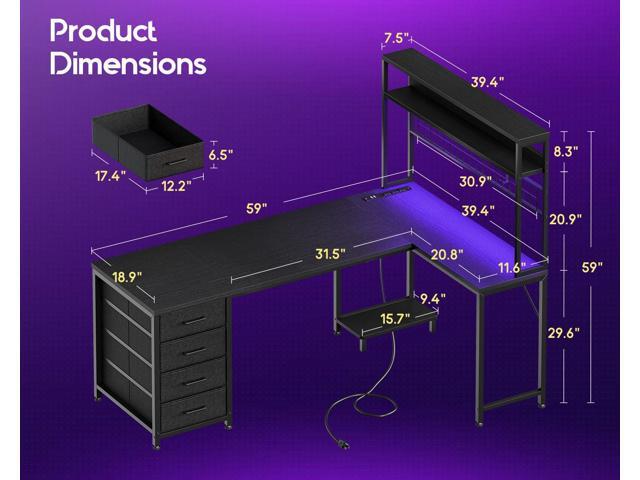 AODK L Shaped Gaming Desk with 4 Drawers, 59' Reversible Computer Desk with Hutch and Shelves, Gamer Desk with LED Lights, Power Outlets, Home...
