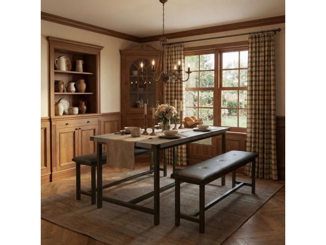 Dining Table Set for 4, Kitchen Table with 2 Upholstered Benches, 3-Piece Dining Room Set for Kitchen, Apartment and Small Spaces, Gray