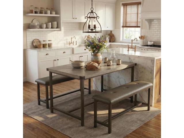 Dining Table Set for 4, Kitchen Table with 2 Upholstered Benches, 3-Piece Dining Room Set for Kitchen, Apartment and Small Spaces, Gray