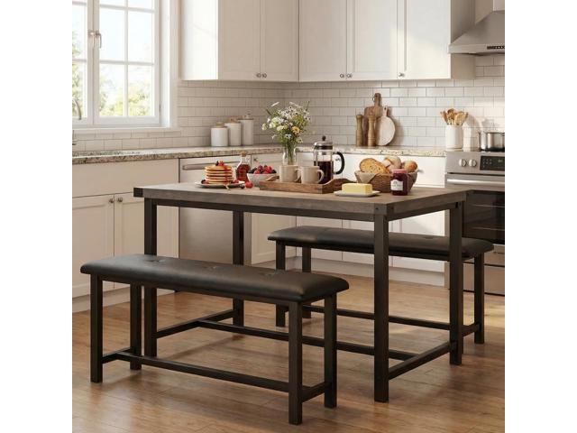 Dining Table Set for 4, Kitchen Table with 2 Upholstered Benches, 3-Piece Dining Room Set for Kitchen, Apartment and Small Spaces, Gray