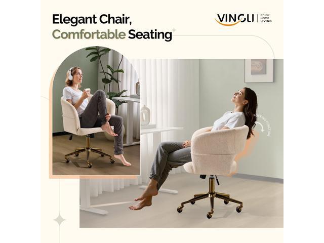 VINGLI Modern Curved Office & Vanity Desk Chair, Cute Upholstered Nail Chair with Wheels & 360° Swivel & Club & Tilting & Gold Base, for Living...
