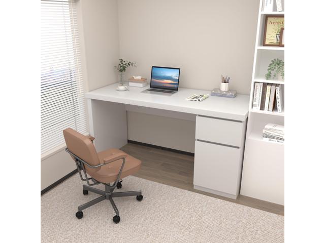 White Desk with Drawers, 55 Inch Small Computer Desk with Storage, Cute Home Office Desk for Study, Vanity, Gaming, Modern Computer Desk for...