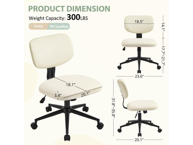 Armless Desk Chair 20' Wide, Home Office Chairs No Arms with Wheels, Leather Upholstered Cute Vanity Chair with Back Swivel Rolling for Bedroom...