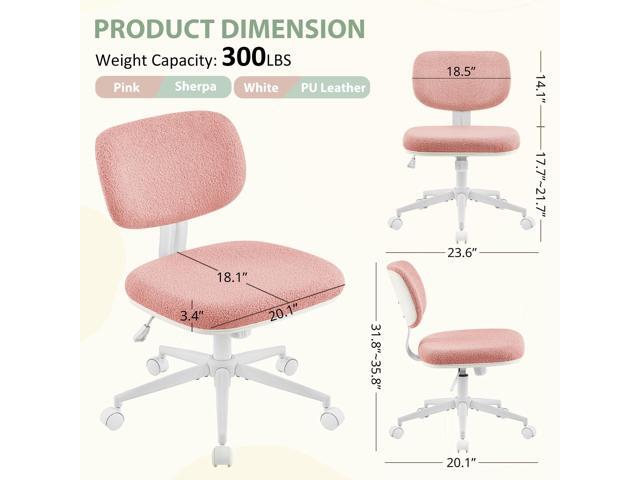 Home Office Chair No Arms with Wheels, Armless Desk Chairs Comfy Cute Pink Vanity Chair 20.1' Wide with Back Lumbar Support, Adjustable Height...