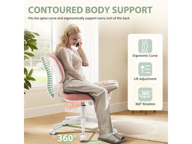 Home Office Chair No Arms with Wheels, Armless Desk Chairs Comfy Cute Pink Vanity Chair 20.1' Wide with Back Lumbar Support, Adjustable Height...