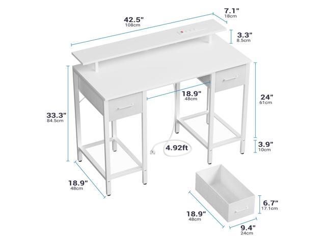 White Computer Desk with Drawers, 42 Inch Home Office Desk Study Writing Table, Gaming Desk with USB Power Outlets, Office Desk with Fabric Drawer,...