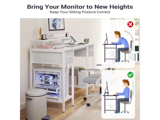White Computer Desk with Drawers, 42 Inch Home Office Desk Study Writing Table, Gaming Desk with USB Power Outlets, Office Desk with Fabric Drawer,...