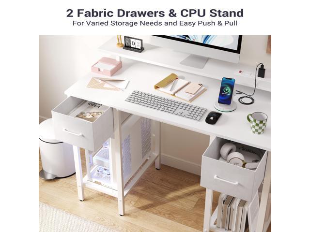 White Computer Desk with Drawers, 42 Inch Home Office Desk Study Writing Table, Gaming Desk with USB Power Outlets, Office Desk with Fabric Drawer,...