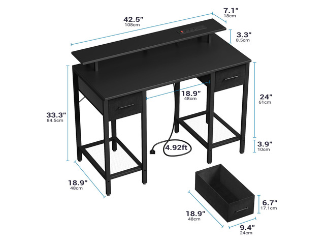 Black Computer Desk with Drawers, 42 Inch Home Office Desk Study Writing Table, Gaming Desk with USB Power Outlets, Office Desk with Fabric Drawer,...