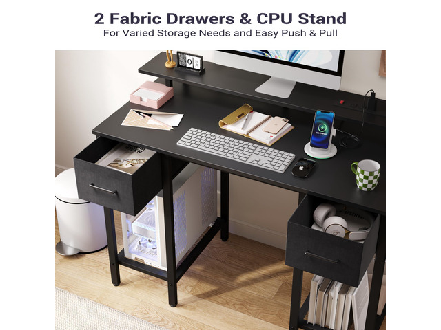 Black Computer Desk with Drawers, 42 Inch Home Office Desk Study Writing Table, Gaming Desk with USB Power Outlets, Office Desk with Fabric Drawer,...