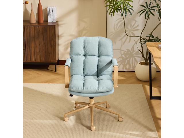 VINGLI Comfy Linen Office Desk Chair With Wheels &Detachable Cushions& Wood-like Armrests,Swivel Small Computer Task Chair,Adjustable for Girl...