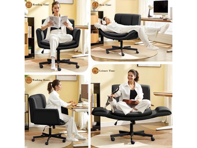 Criss Cross Chair with Wheels & Armrests,Comfy Wide Vanity Chair,Scratch-Resistant Pu Leather Cross Legged Desk Chair,Height Adjustable Computer...