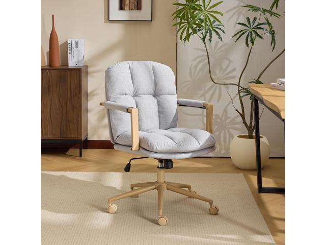 VINGLI Comfy Linen Office Desk Chair With Wheels &Detachable Cushions& Wood-like Armrests,Swivel Small Computer Task Chair,Adjustable for Girl...