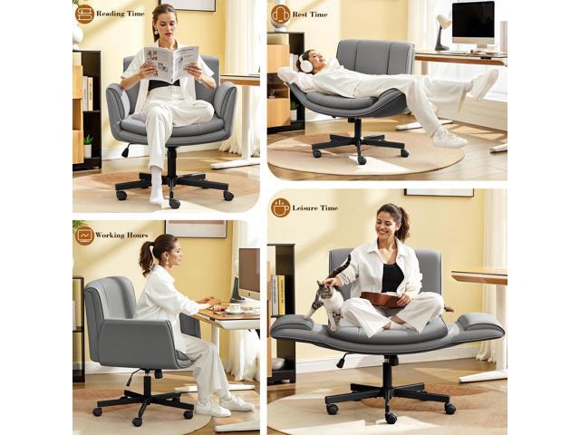 Criss Cross Chair with Wheels & Armrests,Comfy Wide Vanity Chair,Scratch-Resistant Pu Leather Cross Legged Desk Chair,Height Adjustable Computer...