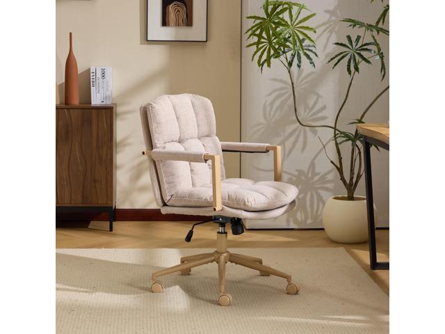 VINGLI Comfy Linen Office Desk Chair with Wheels & Detachable Cushions & Wood-Like Armrests,Swivel Small Computer Task Chair,Adjustable for Girl...