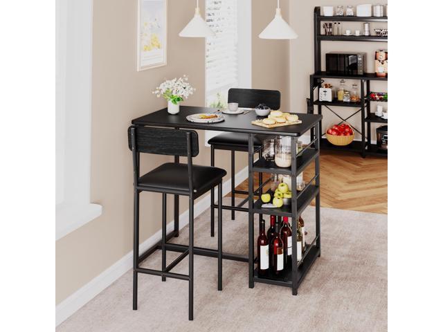 Dining Table Set for 2 with 3 Storage Shelves, 3-Piece Counter Height Kitchen Table Set with 2 Upholstered Bar Stools, Bar Table and Chairs Set for...
