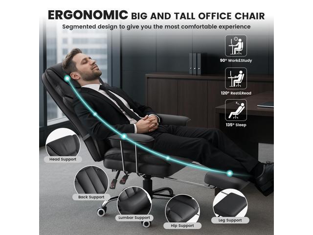 Big and Tall Office Chair with Footrest - Ergonomic PU Leather Executive Desk Chair, Adjustable Lumbar Support Pillow and Easy and Clean Design...
