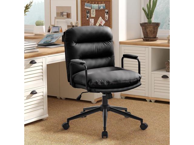 Furniliving Leather Home Desk Chair, Comfortable Executive Office Chair with Wheels, Ergonomic Computer Task Chair Adjustable Height, Black