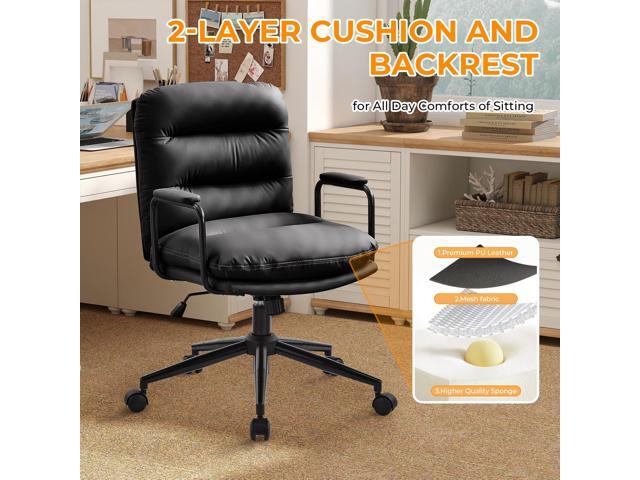 Furniliving Leather Home Desk Chair, Comfortable Executive Office Chair with Wheels, Ergonomic Computer Task Chair Adjustable Height, Black